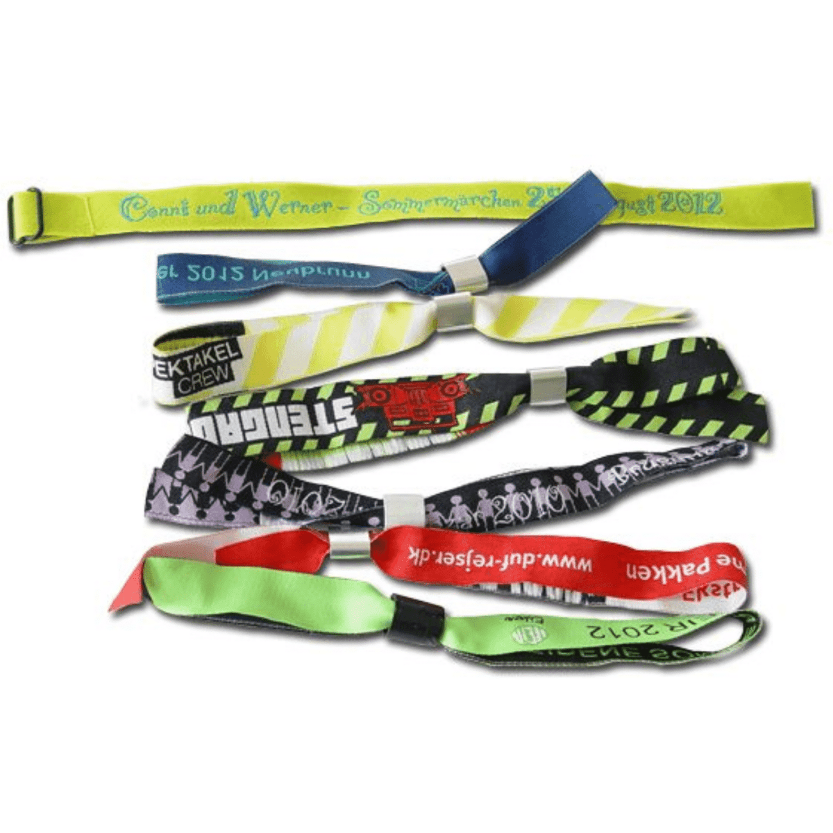 A collection of woven fabric wristbands in various colours, featuring different patterns and a logo on some bands.