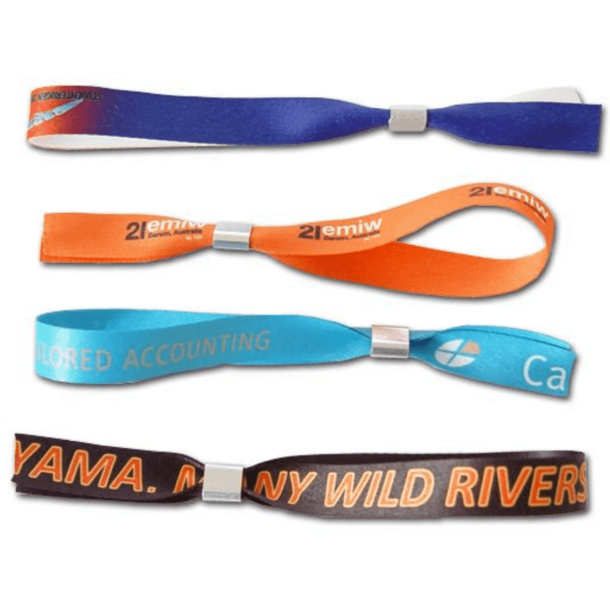 Four sublimated polyester wristbands in various colours: blue, orange, black, and purple, each featuring a metallic lock.