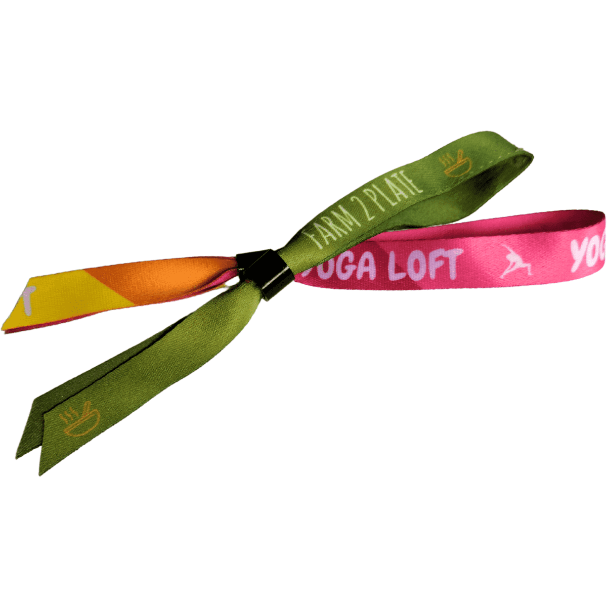 A black lock wristband made of sublimated polyester PET fabric with vibrant green, orange, and pink designs.