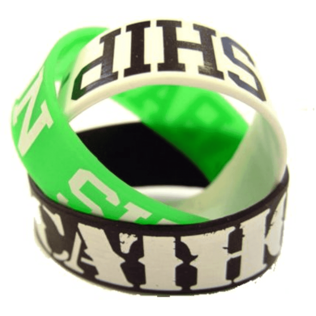 A set of silicone wristbands in green, black, and white, featuring text and logos in bold print.