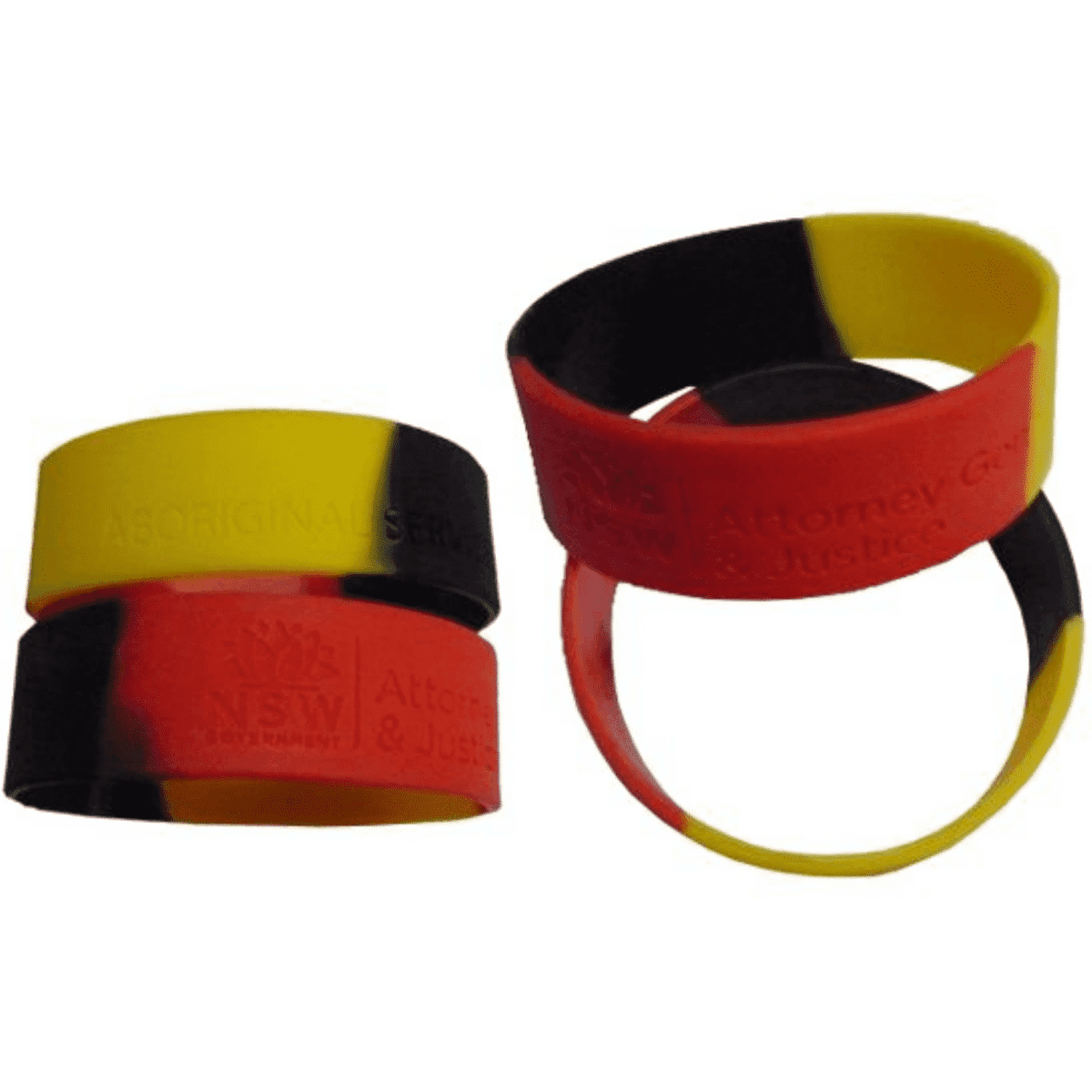 A set of silicone wristbands in red, yellow, and black, featuring a debossed design and a logo.