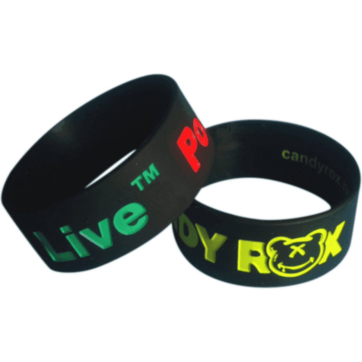 Two silicone wristbands in black with debossed, ink-filled lettering in green, red, and yellow, featuring logos.