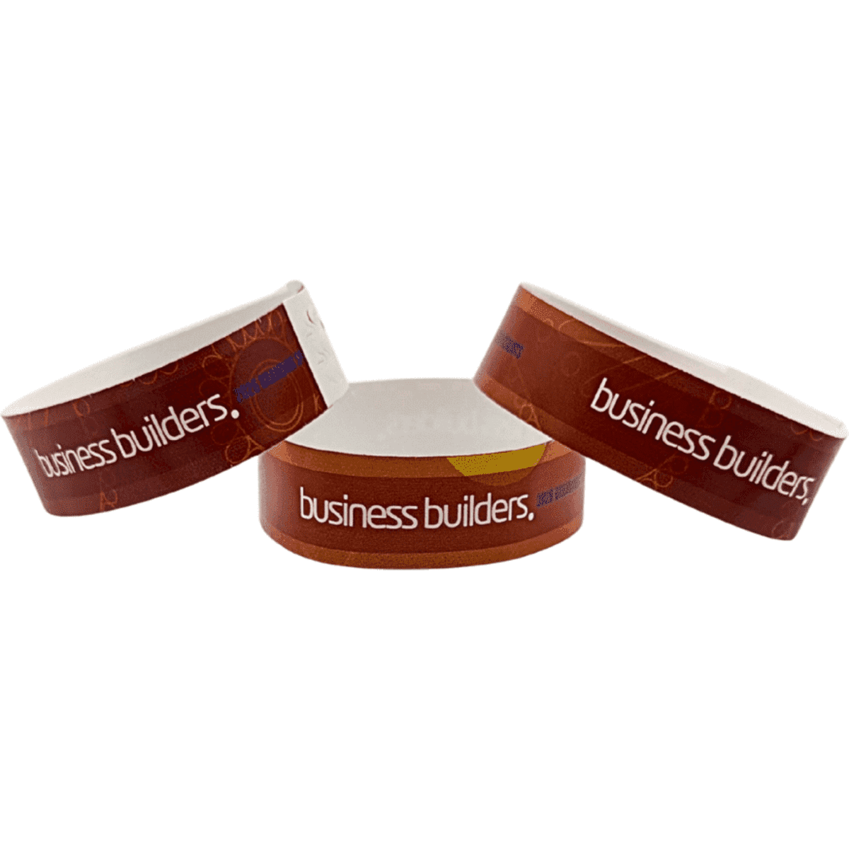 Three glossy wristbands featuring a brown background and a logo, showcasing vibrant full colour prints.