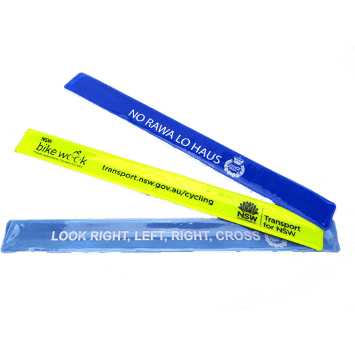 Three PVC reflective slap bands in blue and yellow, featuring various logos and text. Suitable for events and promotions.