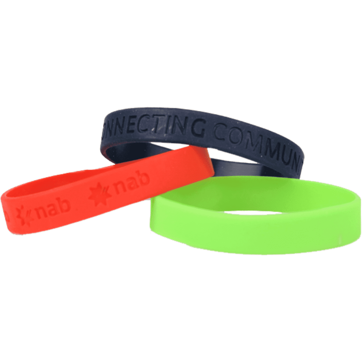 Three silicone wristbands in green, red, and navy, featuring debossed text and a logo.