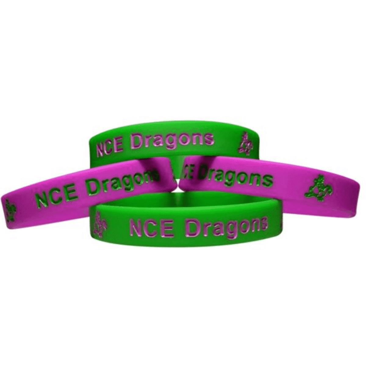 A set of silicone wristbands in green and pink, featuring debossed and ink-filled designs with a logo.