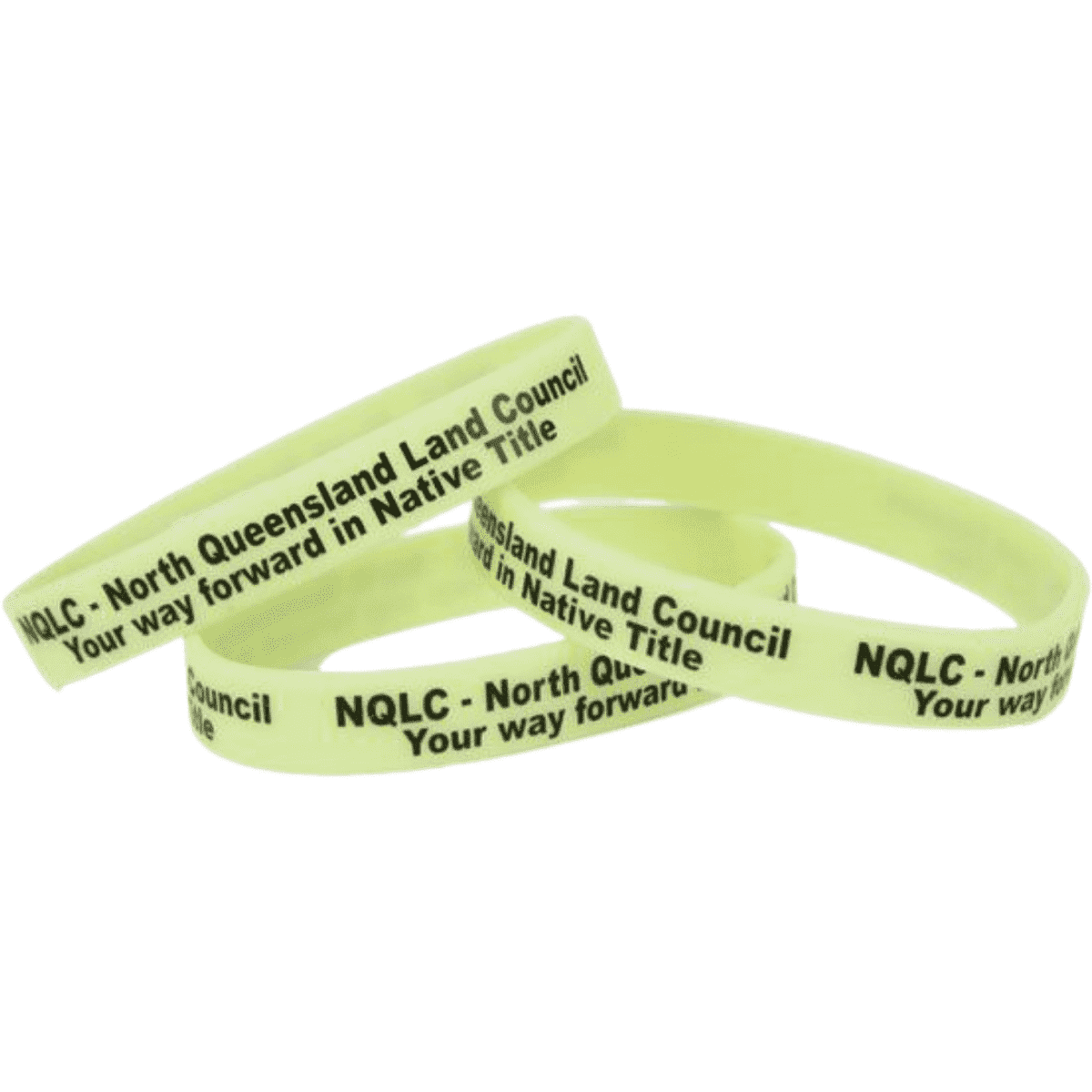 Three glow-in-the-dark silicone wristbands in yellow, featuring debossed black text and a logo.
