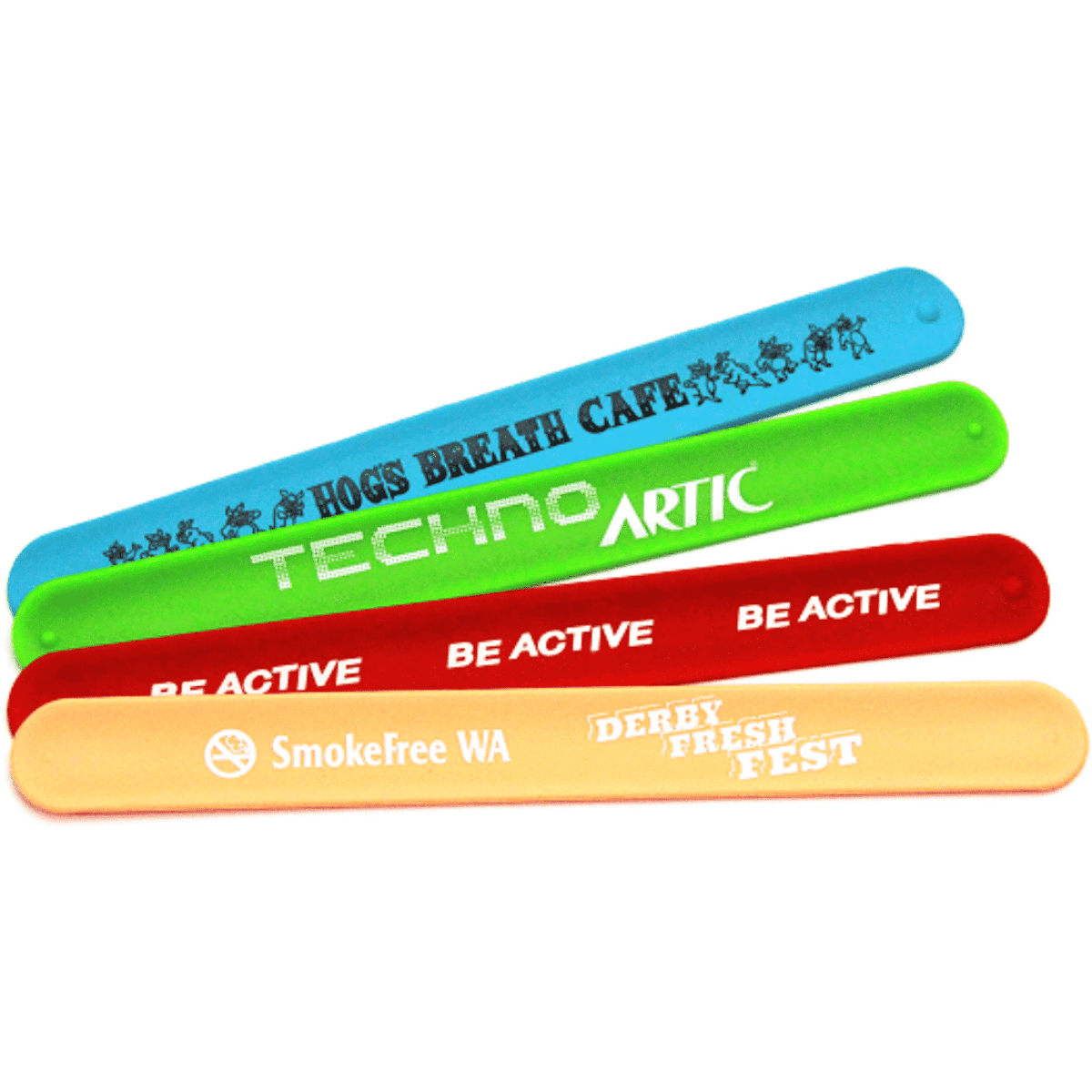 Four silicone slap bands in blue, green, red, and orange, featuring various logos and text.