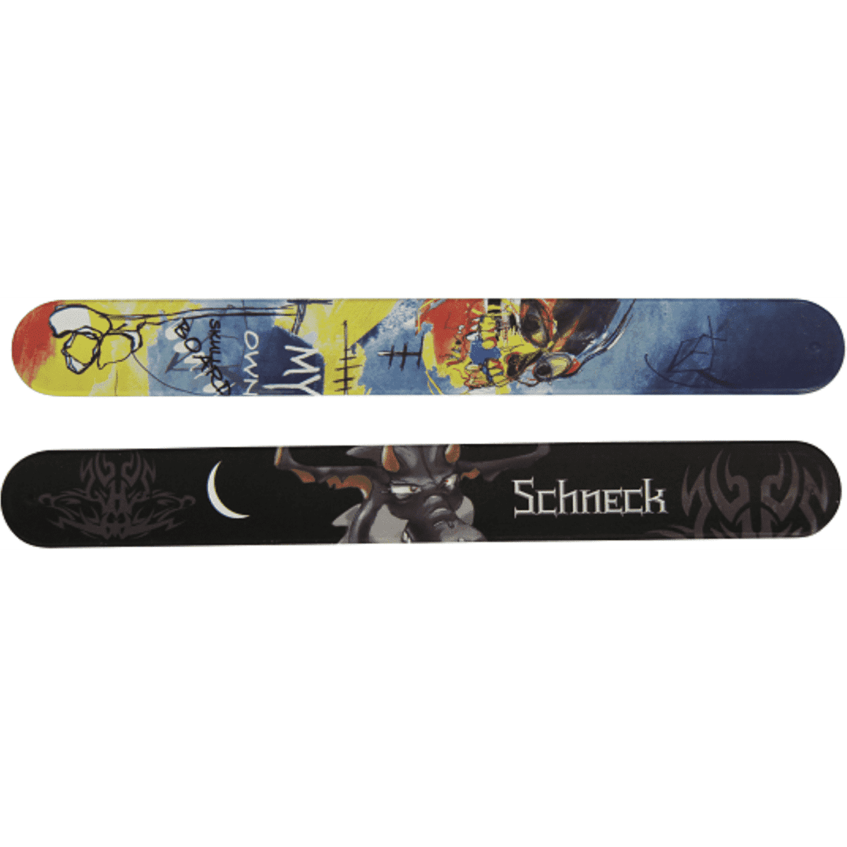 A silicone slap band featuring a vibrant, multicoloured design on one side and a black graphic on the other, with branding.