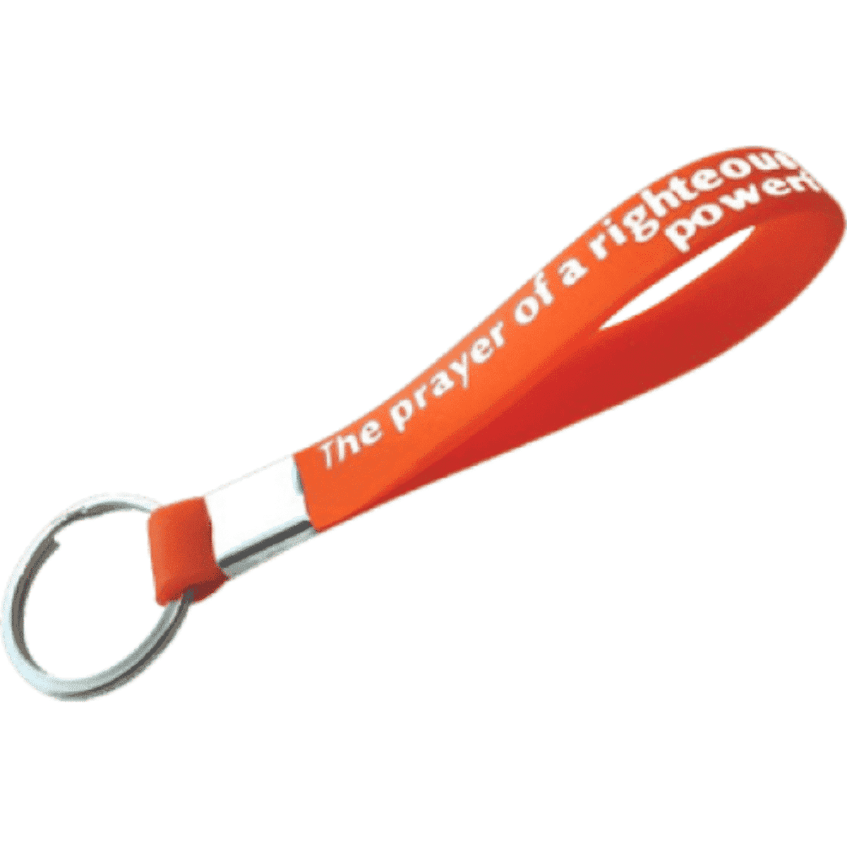 An orange silicone key tag with a metal ring, featuring a printed design.
