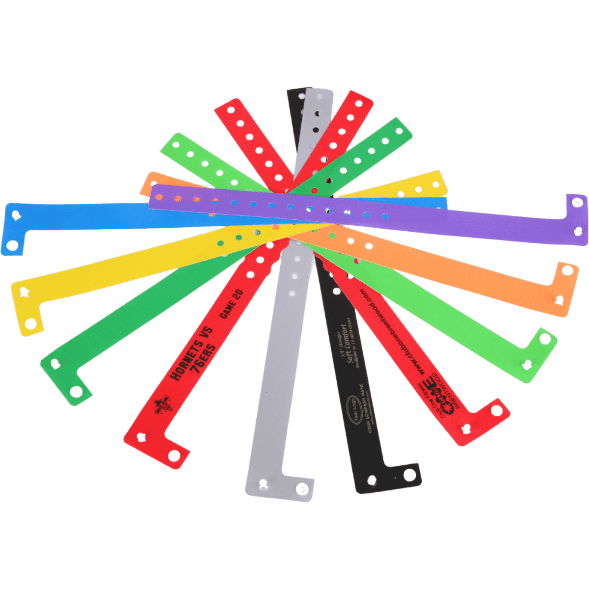 L-shaped wristbands in various colours, including blue, green, orange, and black, arranged in a fan shape.