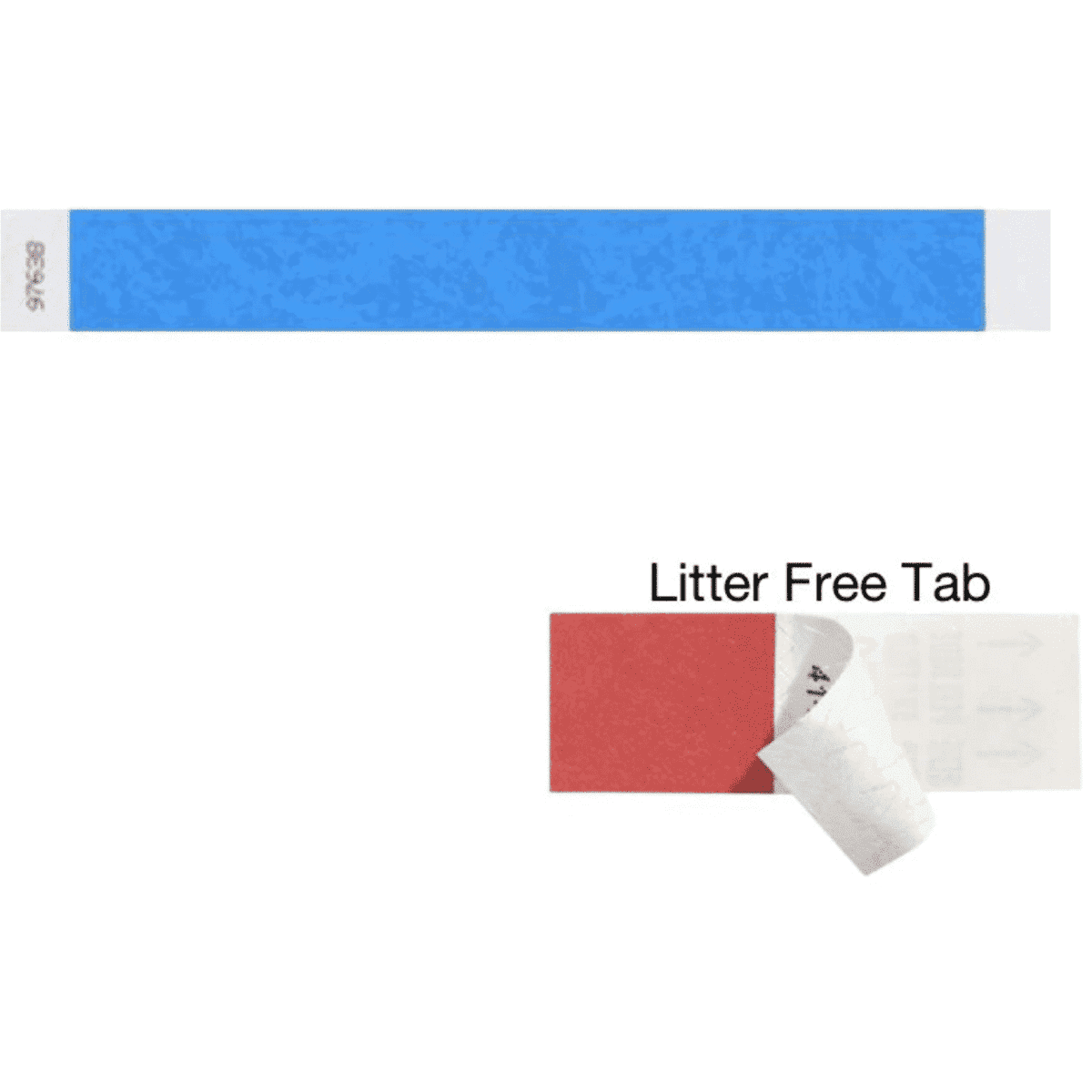 A blue Tyvek wristband is displayed with a litter-free tab. The wristband is unprinted and 25mm wide.