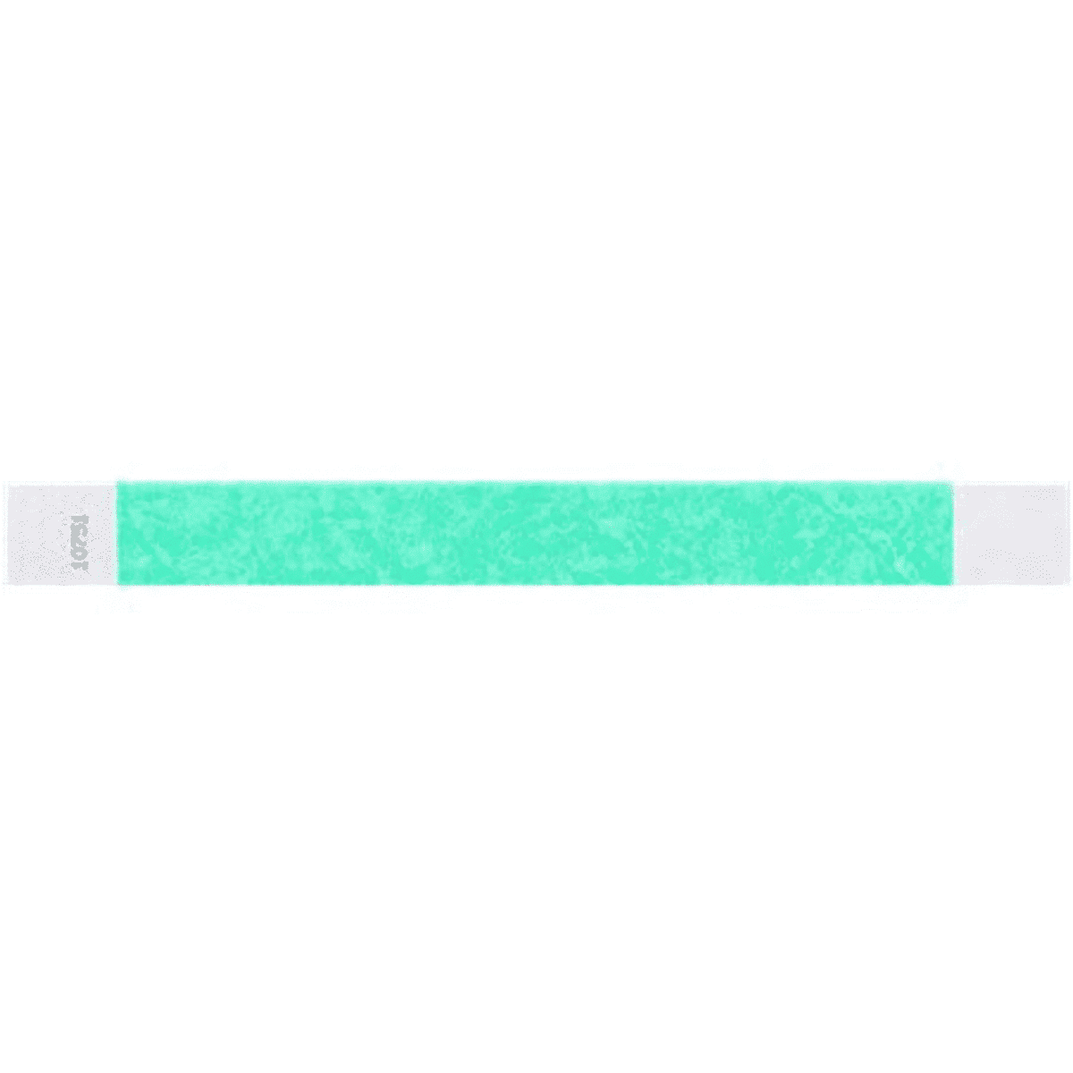 A green unprinted Tyvek wristband 25mm wide, featuring a logo on one end.