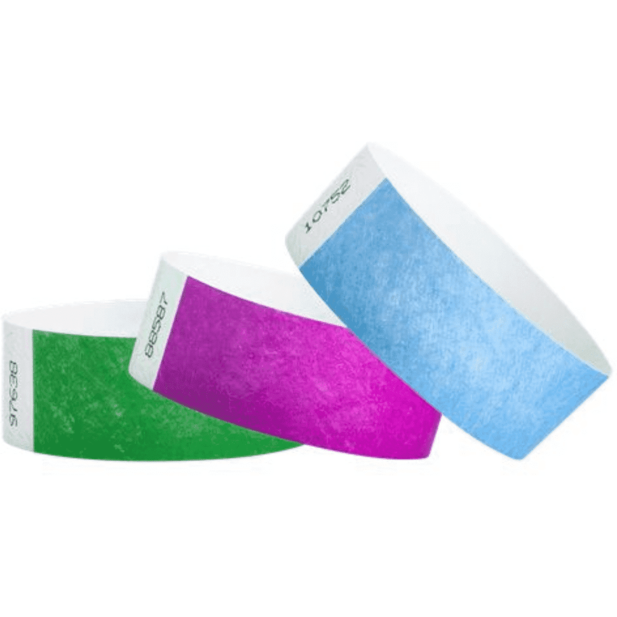 Three Tyvek wristbands in green, pink, and blue, with a white inner surface and a logo on one band.