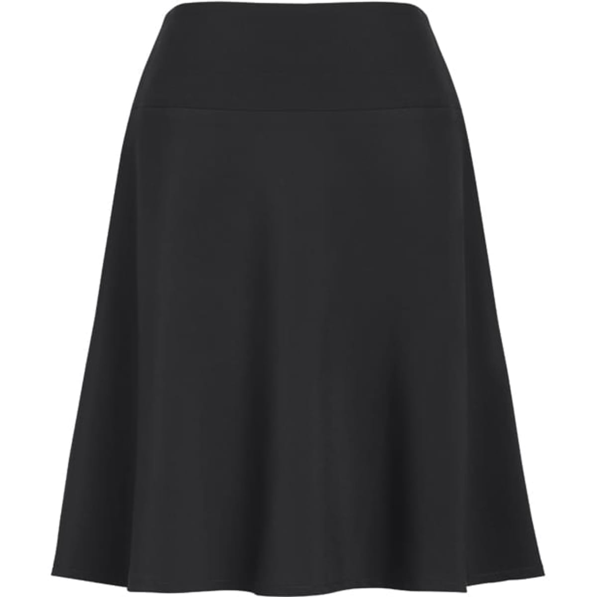 A black bandless flared skirt with a smooth waistband, featuring a flowing design and no visible logos.