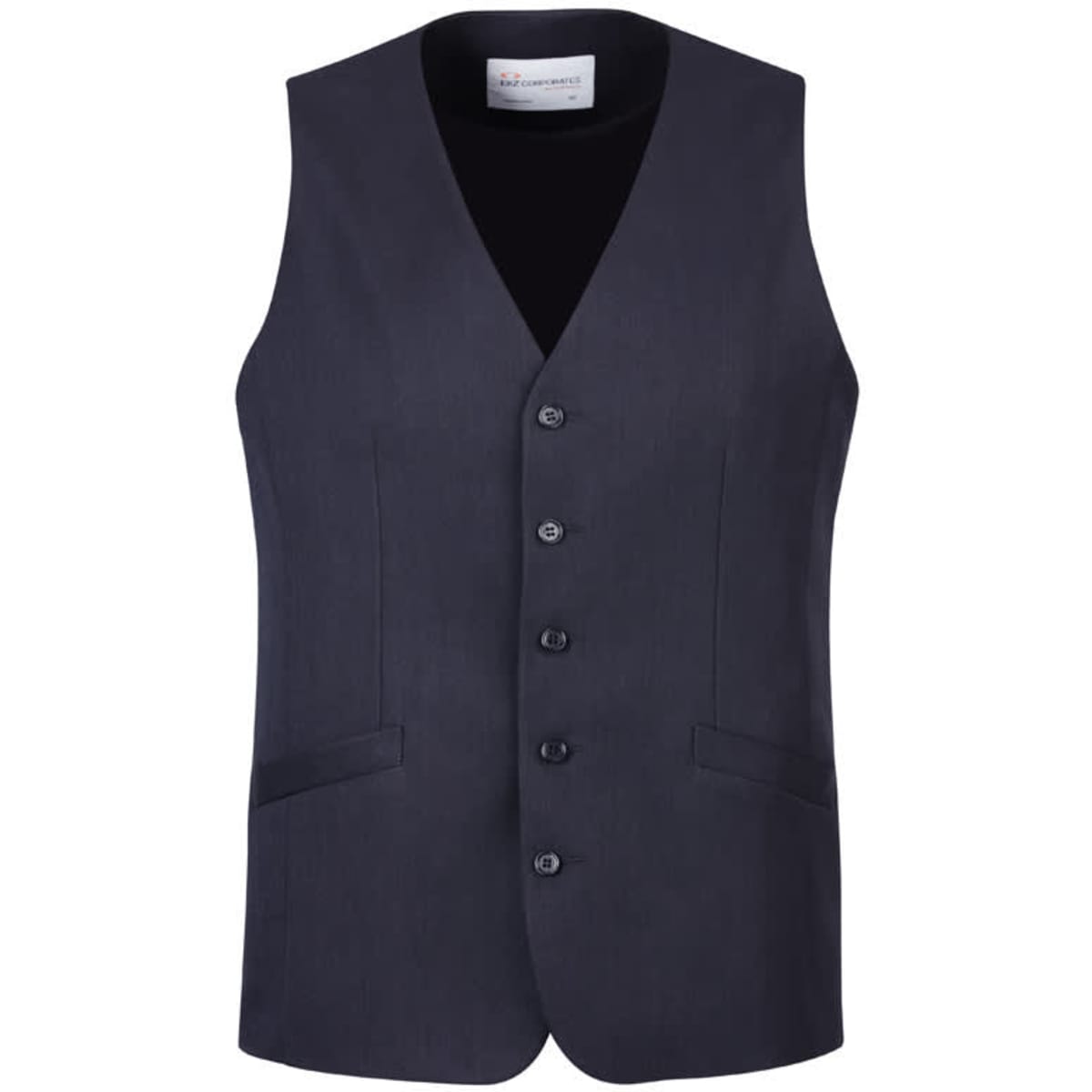 A navy longline vest with a five-button front, two side pockets, and a branded label inside.