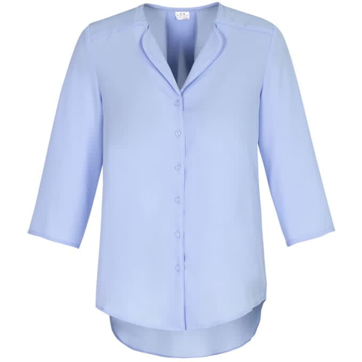 A light blue women's longline button-up blouse with three-quarter sleeves and a rounded hemline.