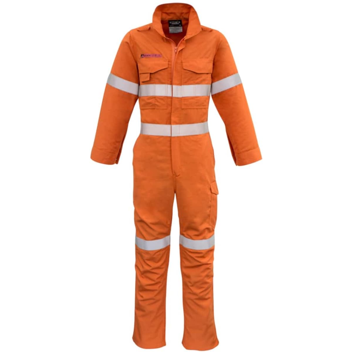 An orange overall with reflective tape, featuring a zip front, pockets, and long sleeves, designed for workwear.