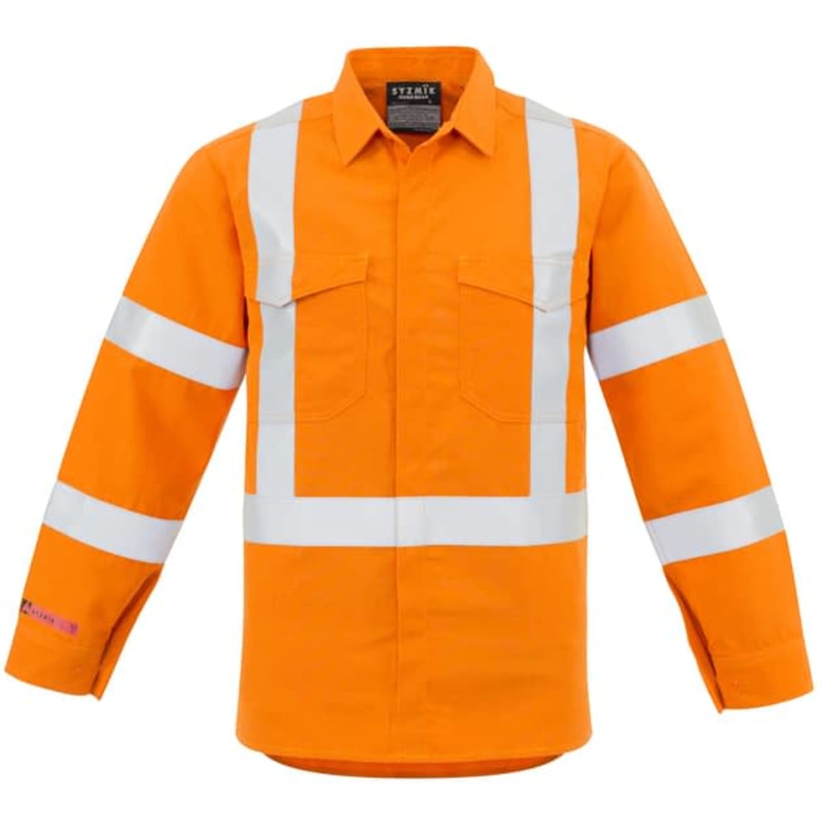 A men's hi-vis orange work shirt featuring reflective stripes and long sleeves. The shirt includes a logo.