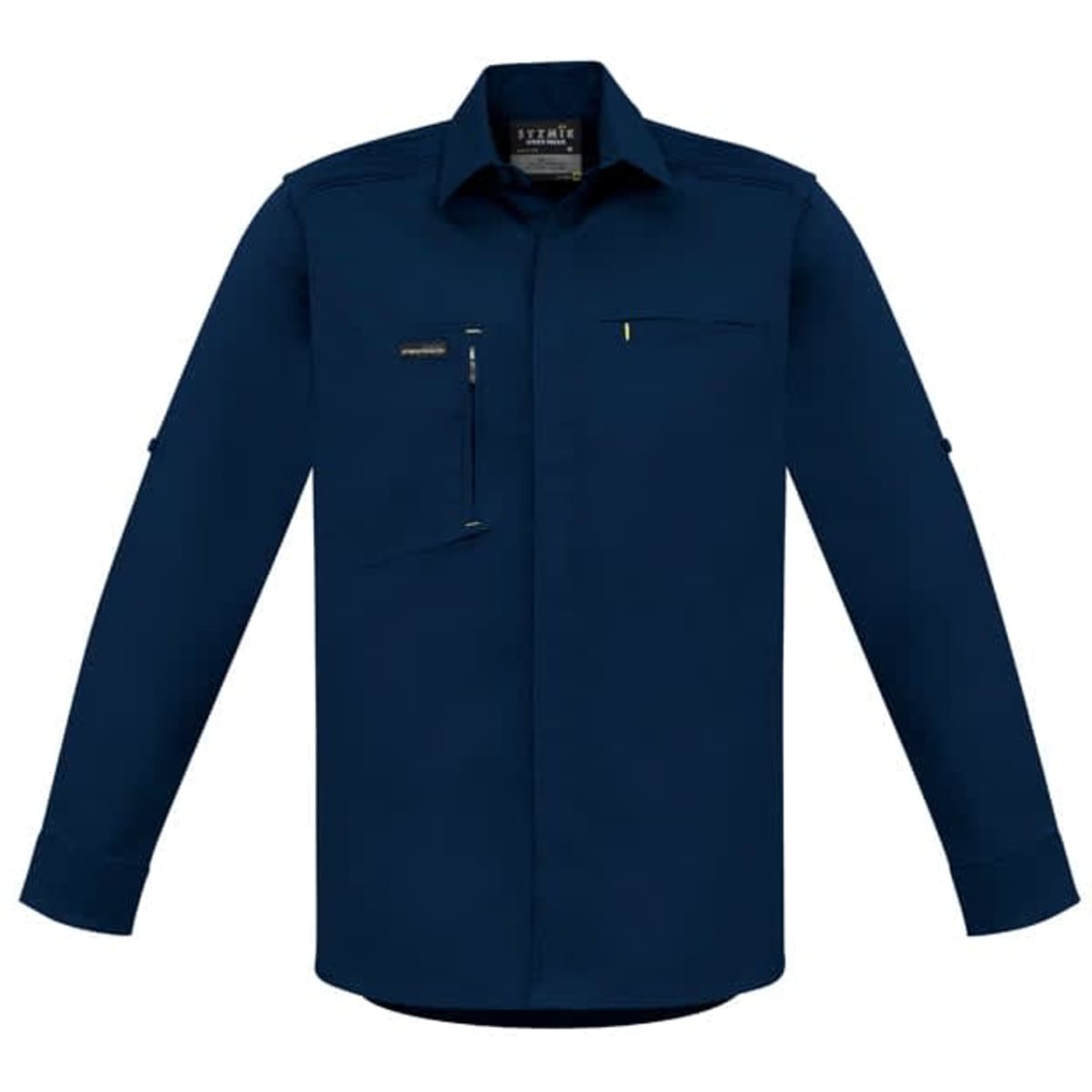 A navy long-sleeve stretch shirt with a chest pocket and branding. Suitable for workwear use.