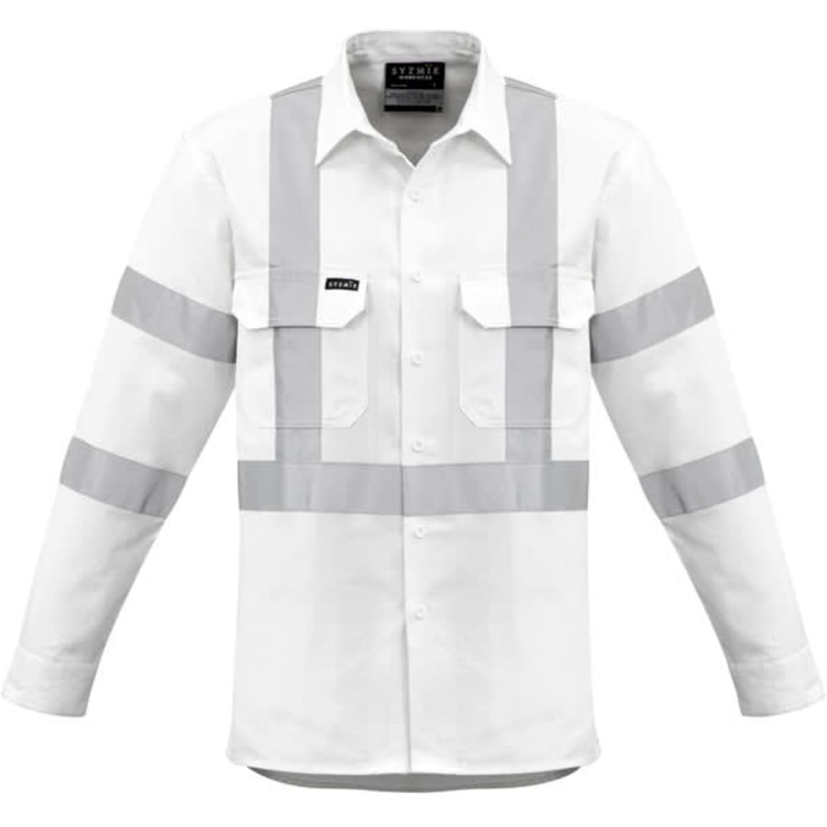 A white long sleeve work shirt with reflective strips, featuring two front pockets and a logo on the chest.
