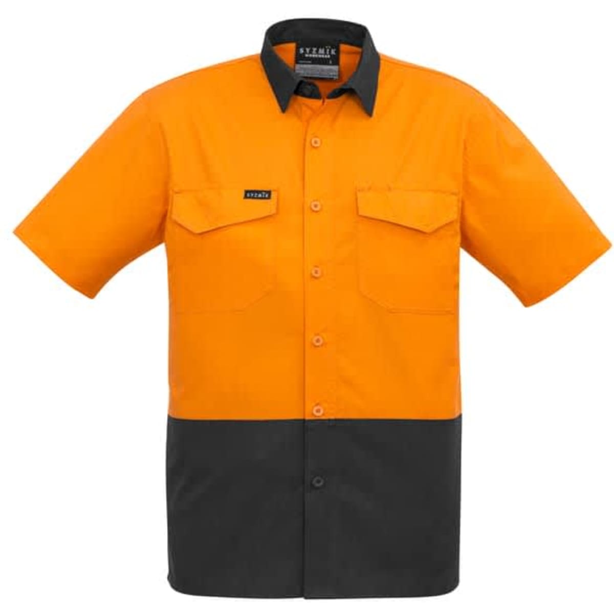A short sleeve shirt in orange and black with a collar, featuring front pockets and a logo on the chest.