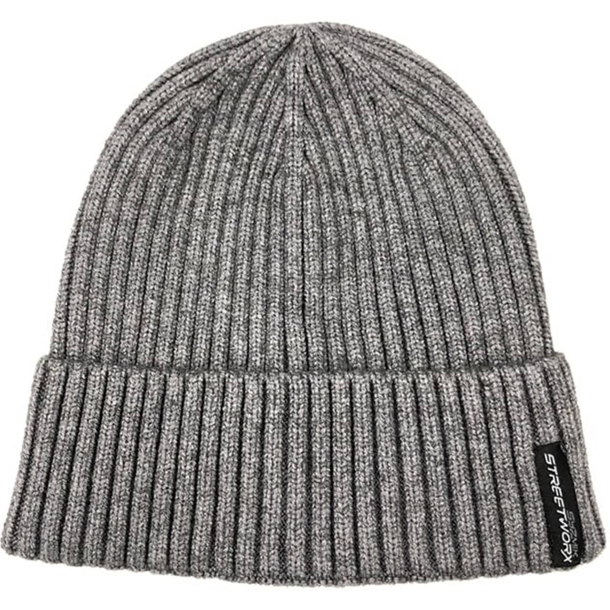 A grey beanie with a ribbed texture and a branding label on the side. Suitable for unisex wear.