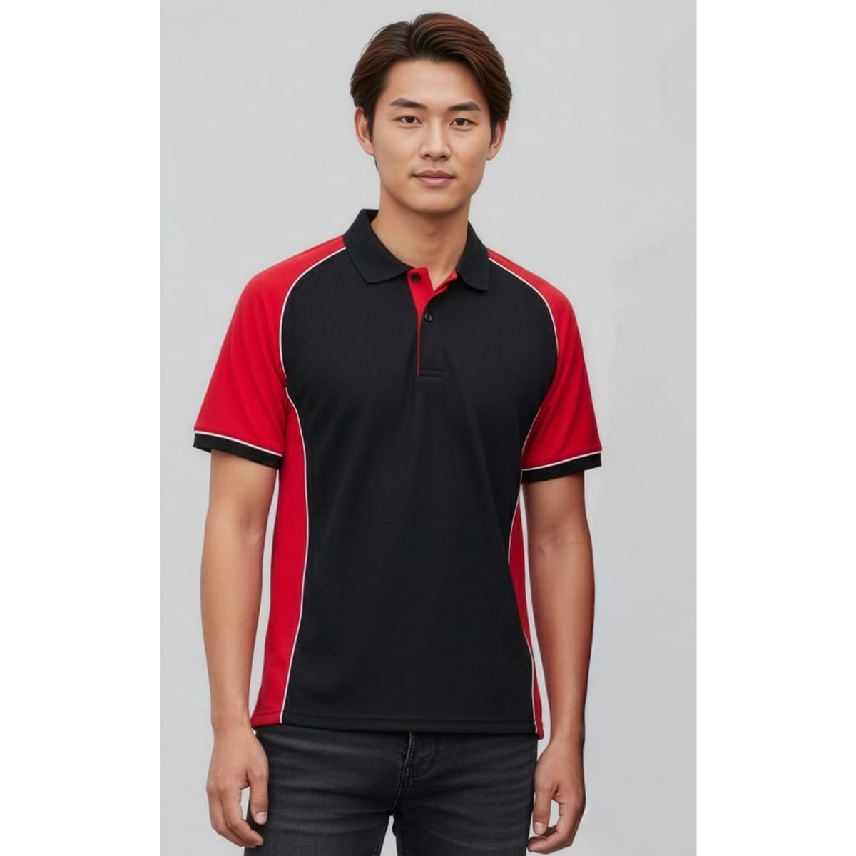 A men's short sleeve polo shirt in black with red accents and a logo.