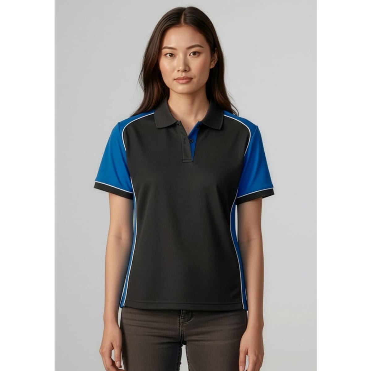 A women's polo shirt featuring short sleeves, in black with blue accents and a logo.