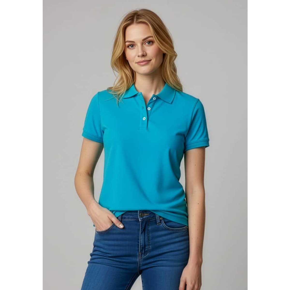 A woman wearing a vibrant teal short sleeve polo shirt, featuring a collar and buttons, paired with jeans.