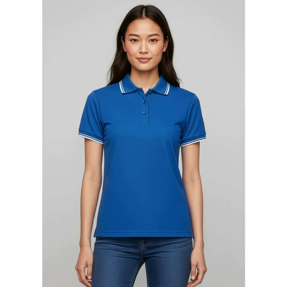 A women's short sleeve polo in vibrant blue with contrasting white stripes on the collar and sleeves.