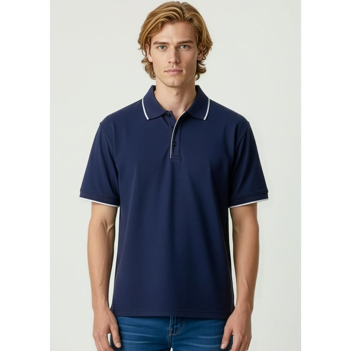 A navy short sleeve polo shirt with contrasting white trim and a collar, displayed on a male model.