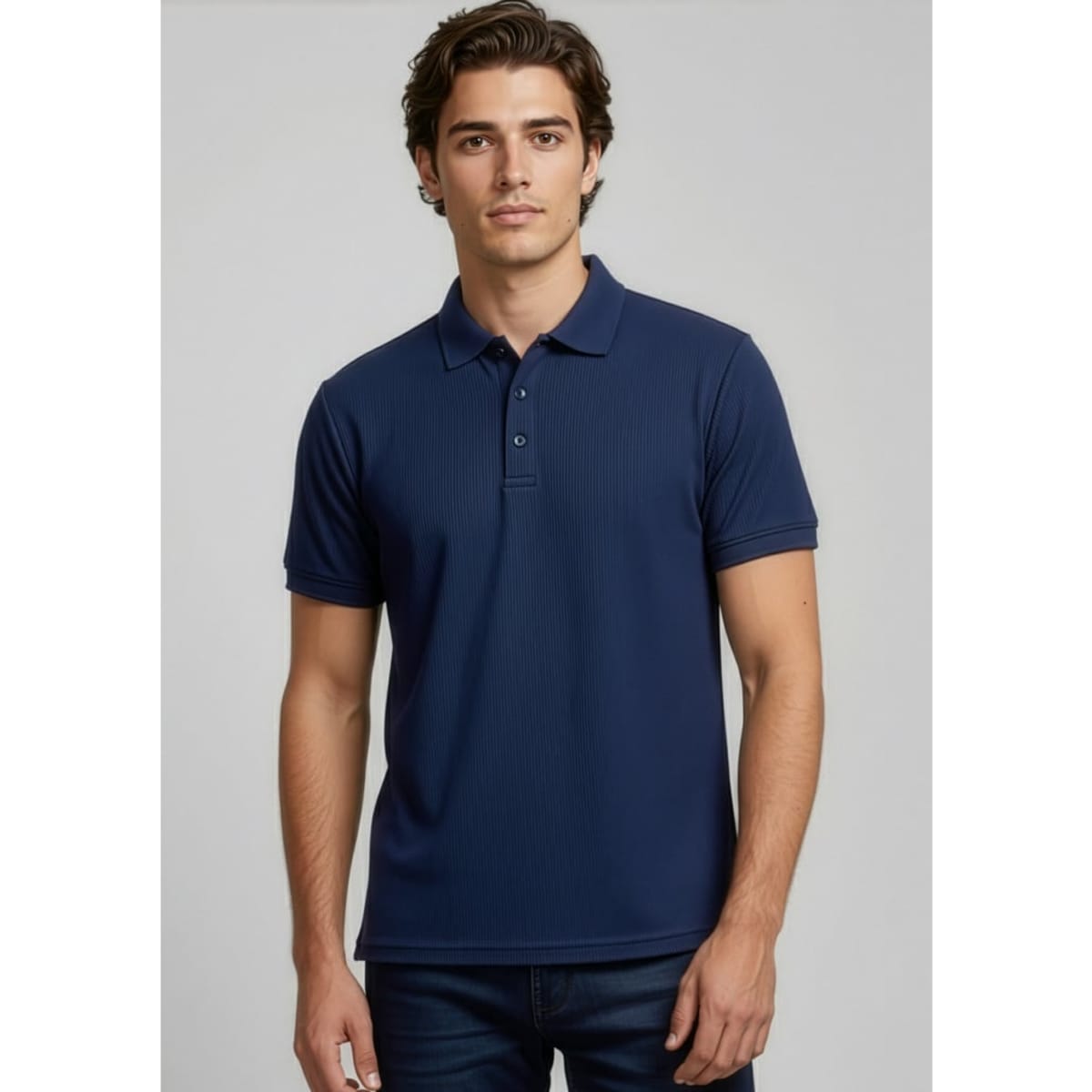 A navy blue men's short sleeve polo shirt features a classic collar and a logo.