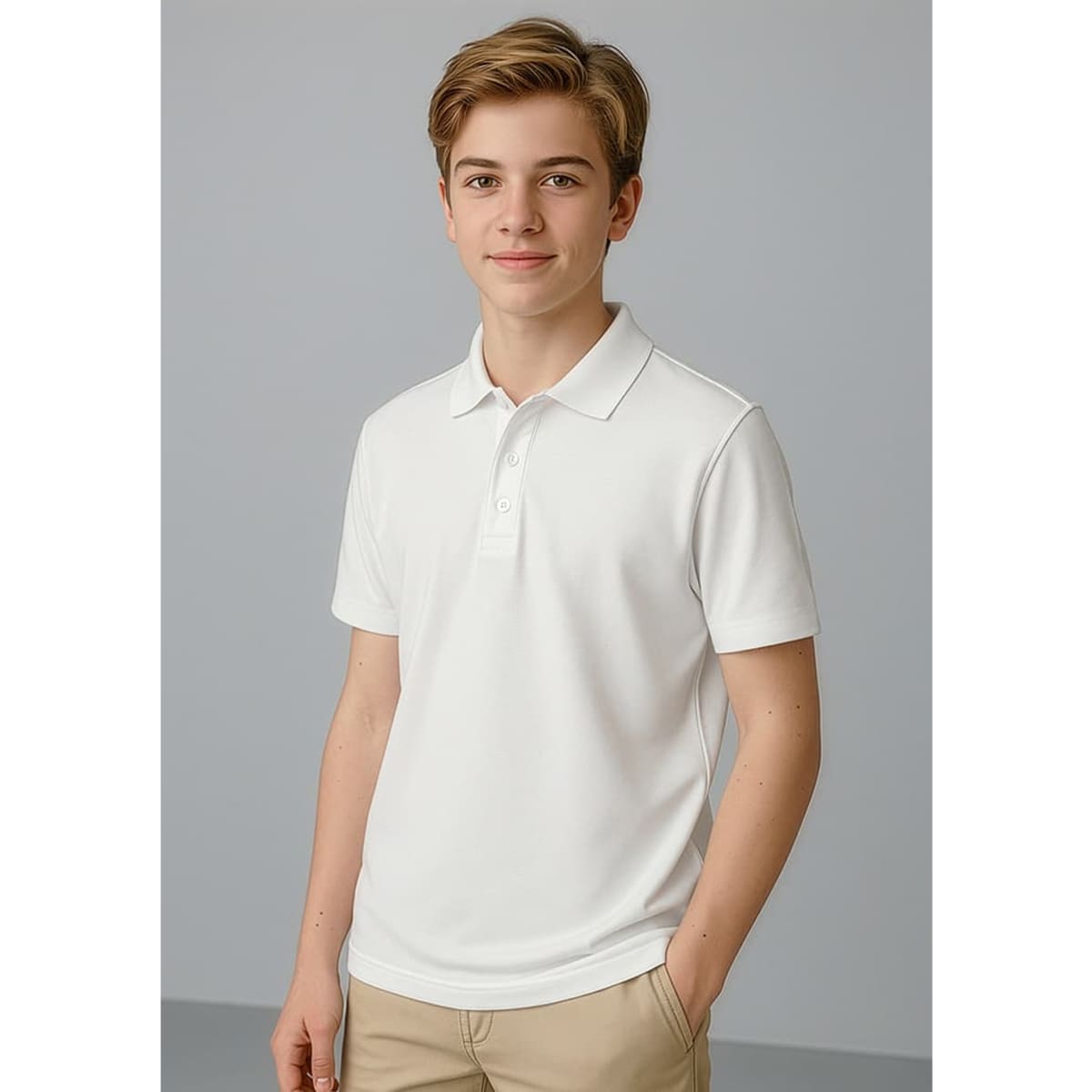 A short sleeve polo shirt in white, featuring a polo collar and a logo on the chest.