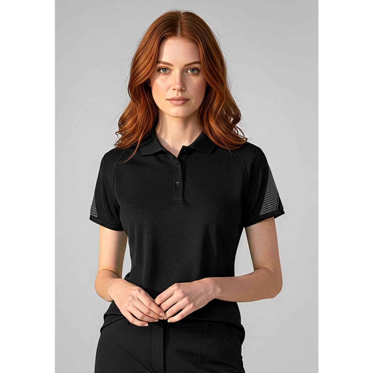 A black women's short sleeve polo shirt with mesh detail on the sleeves, featuring a logo.