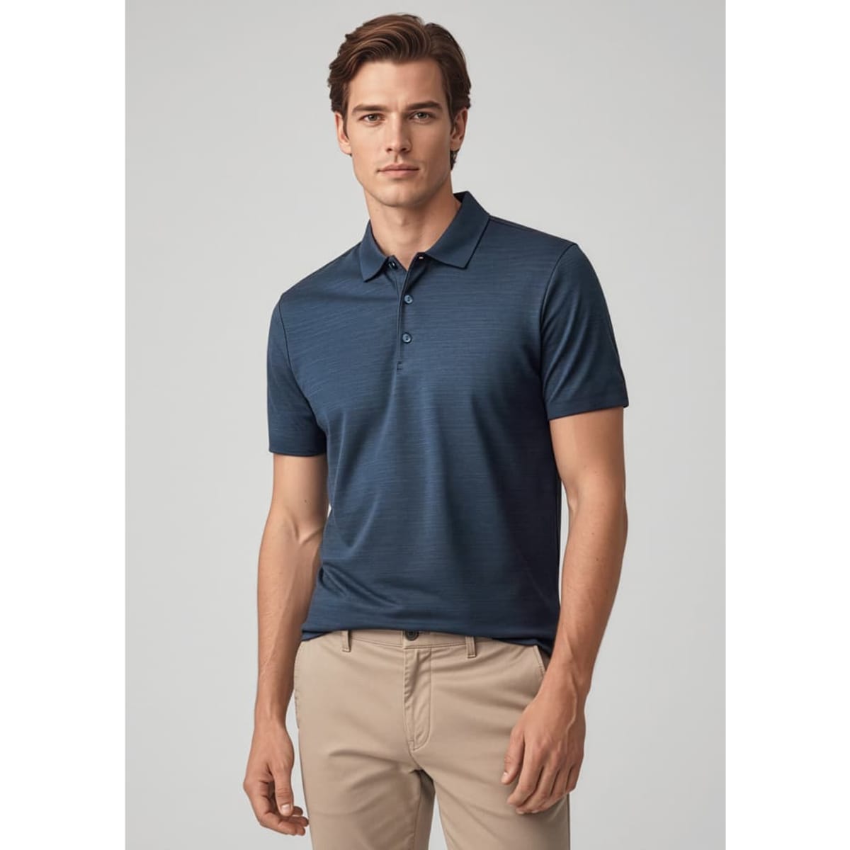 A navy blue short sleeve polo shirt with a subtle striped pattern, featuring a collar and three-button placket.