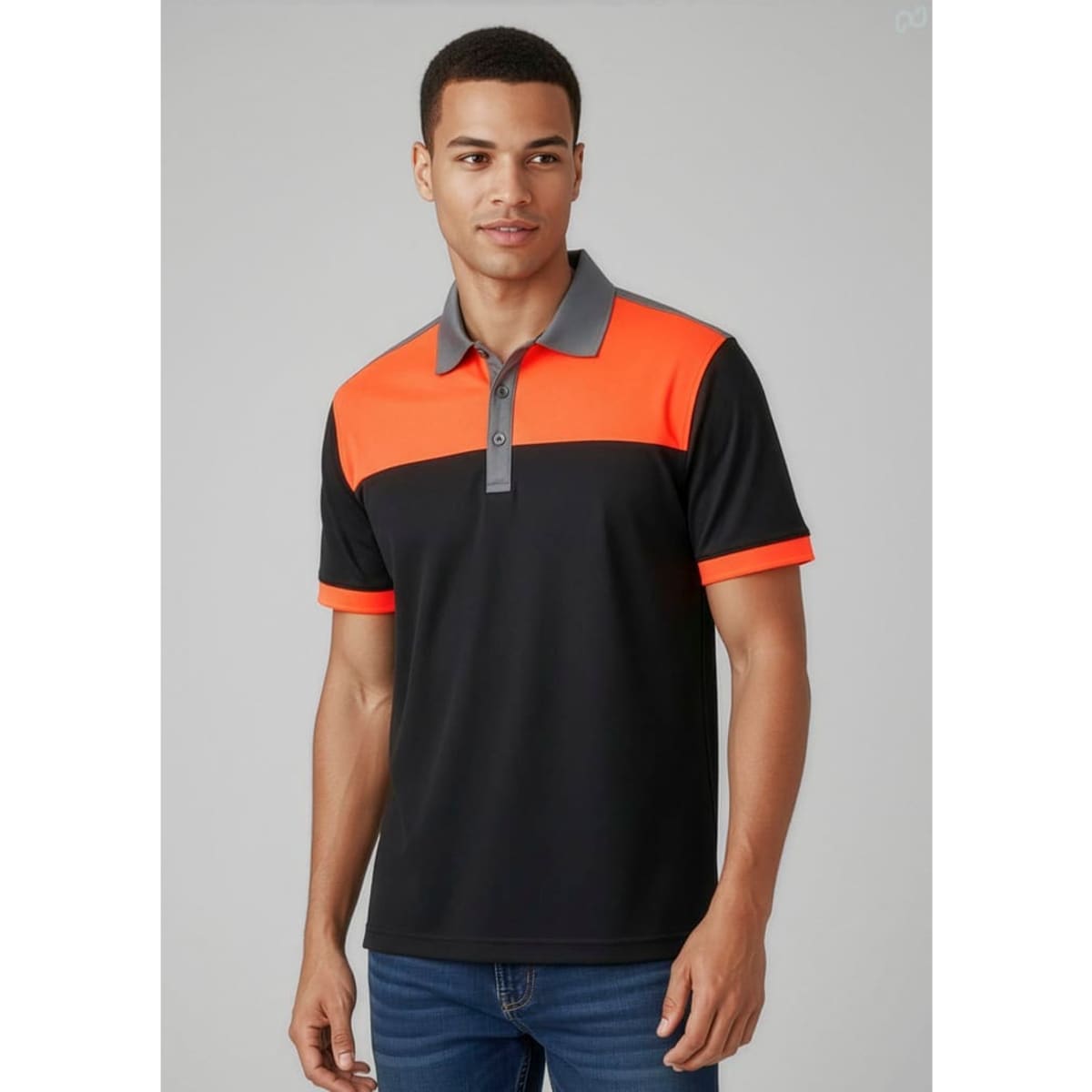 A men's short sleeve polo shirt featuring a bright orange and black design with a grey collar and branding.