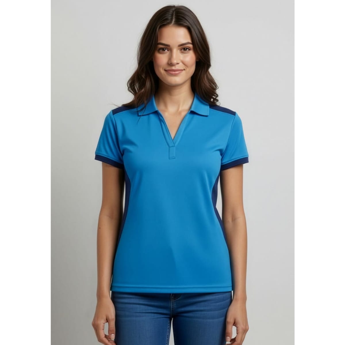 A short sleeve polo shirt for women in vibrant blue with navy accents and a logo.