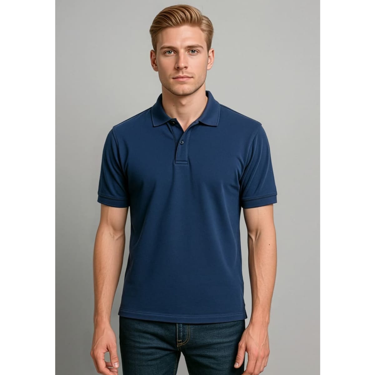 A navy blue short sleeve polo shirt for men with a classic collar and a logo.