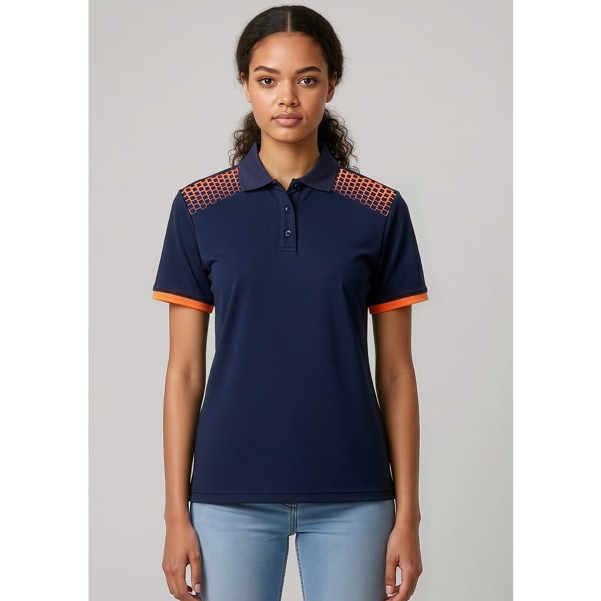 A navy blue women's short sleeve polo shirt with orange accents and a patterned design on the shoulders.
