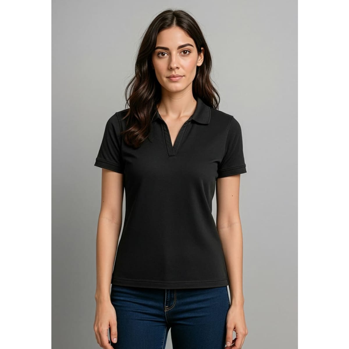 A women's short sleeve polo shirt in black, featuring a collar and a fitted design. It has a logo placement.