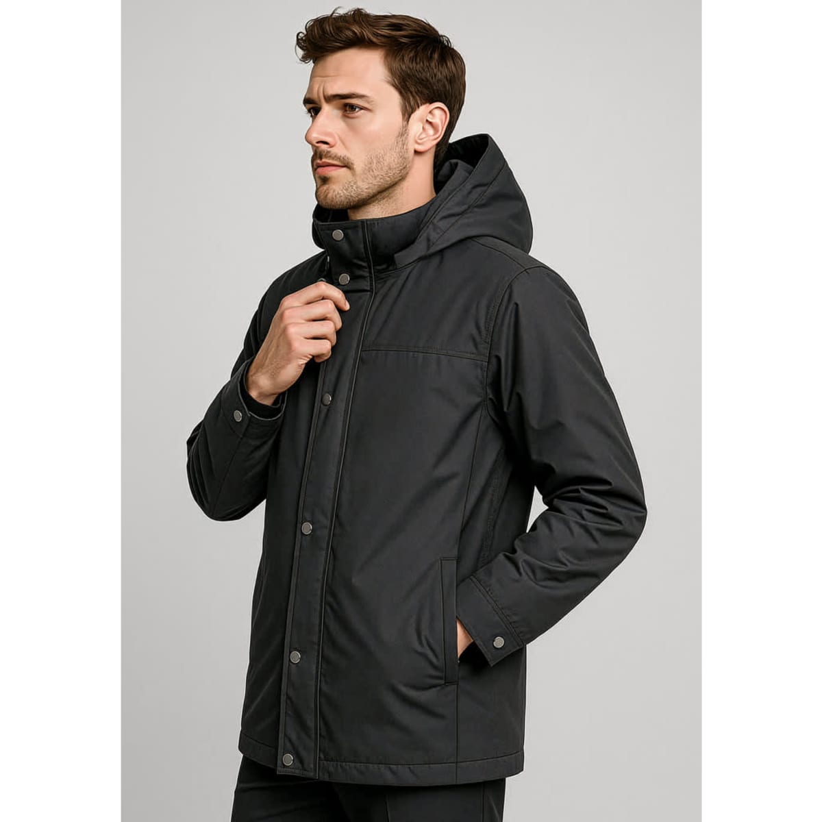 A black men's jacket with a hood, featuring a front zip and snap closure, and side pockets.