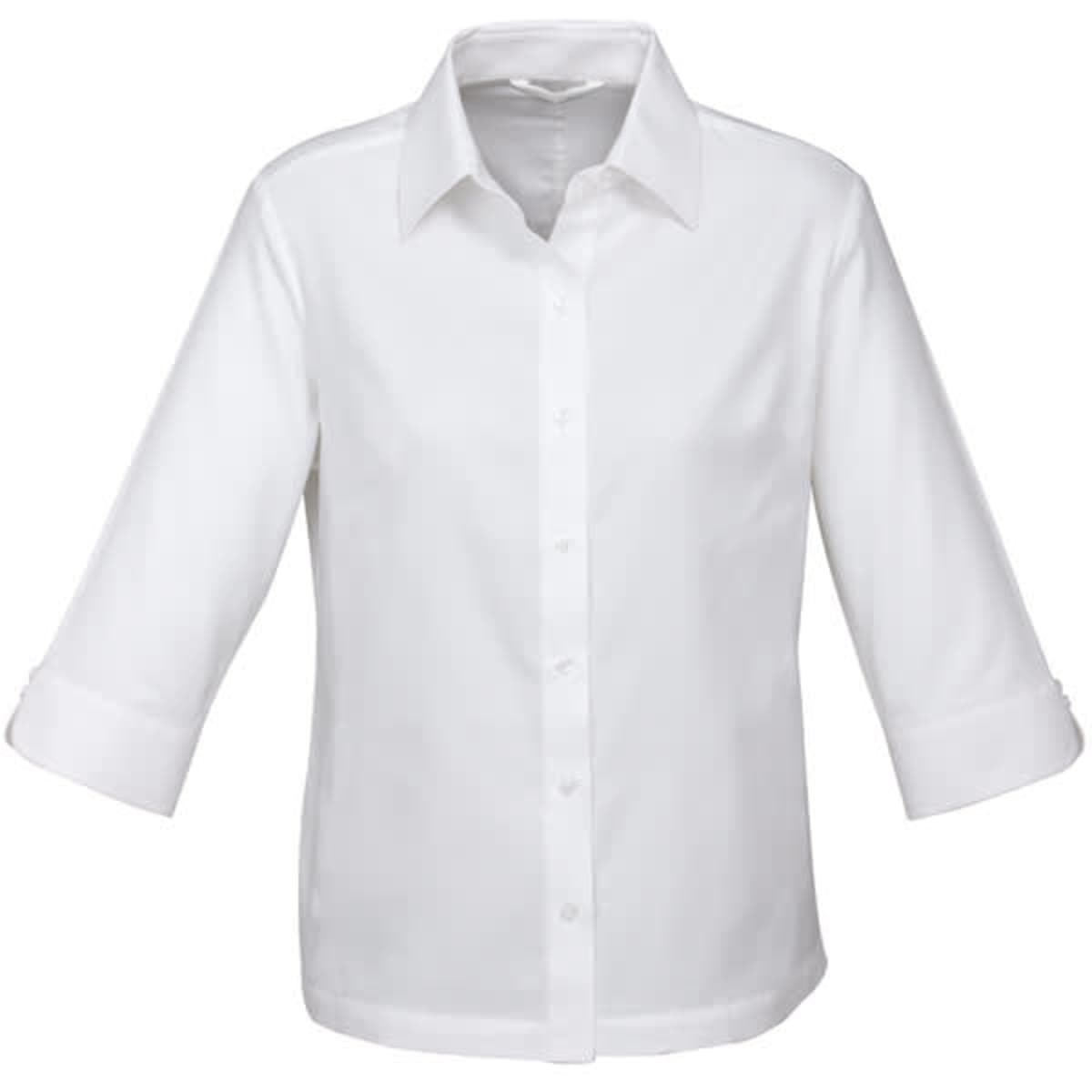 A white women's 3/4 sleeve button-up shirt with a collar and rolled sleeves, featuring a small logo.