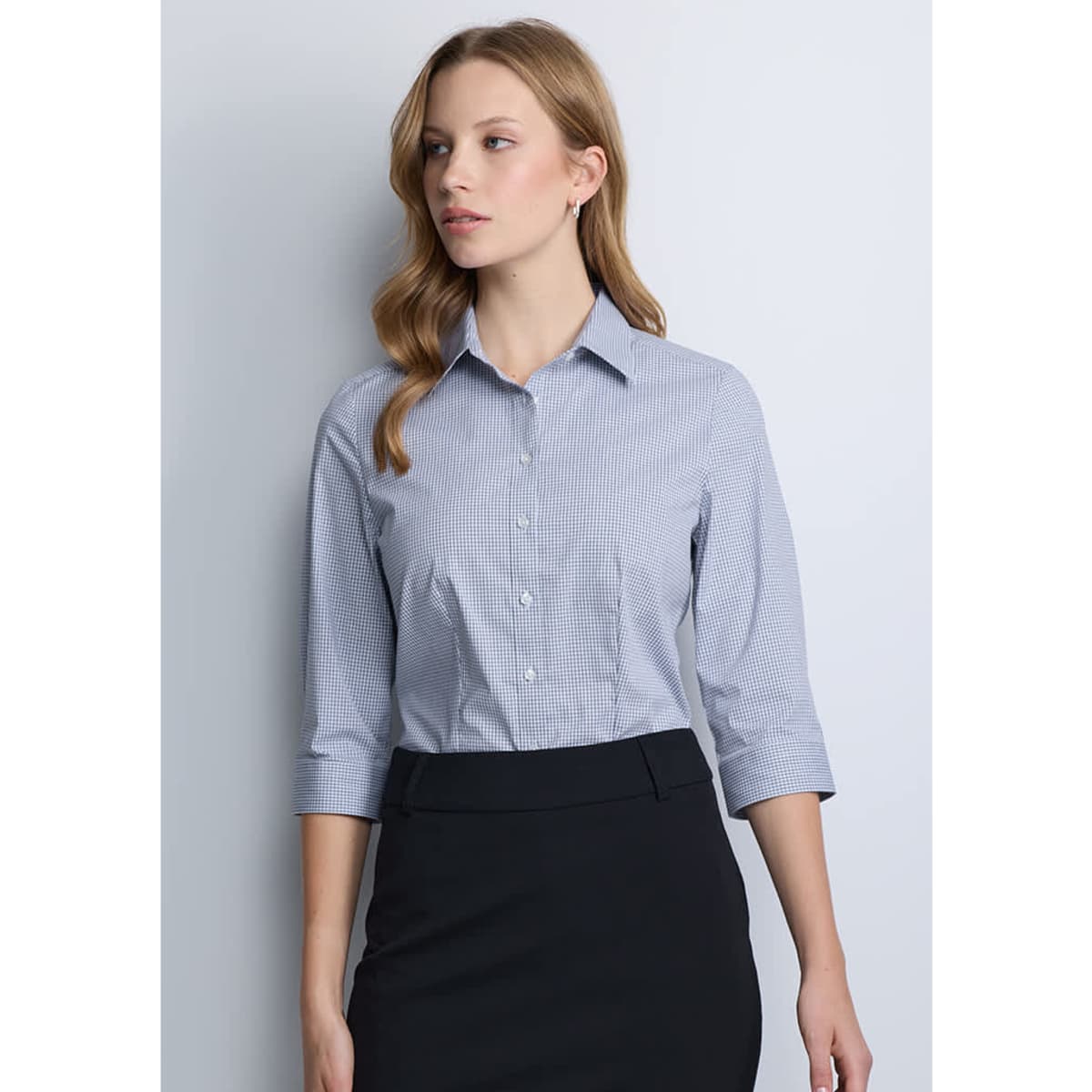 A fitted women's 3/4 sleeve shirt in a blue and white check pattern, featuring a collar and button-down front.