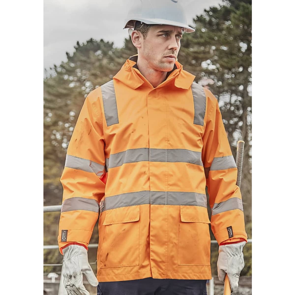 A waterproof unisex jacket in bright orange with reflective strips, designed for workwear, featuring a logo.