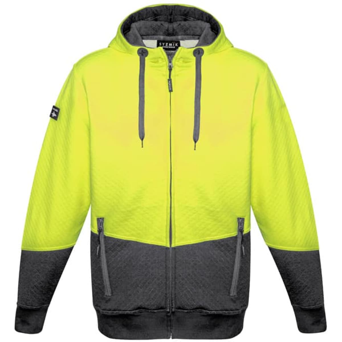 A bright yellow and grey unisex hi-vis textured jacquard full zip hoodie with a logo on the sleeve.