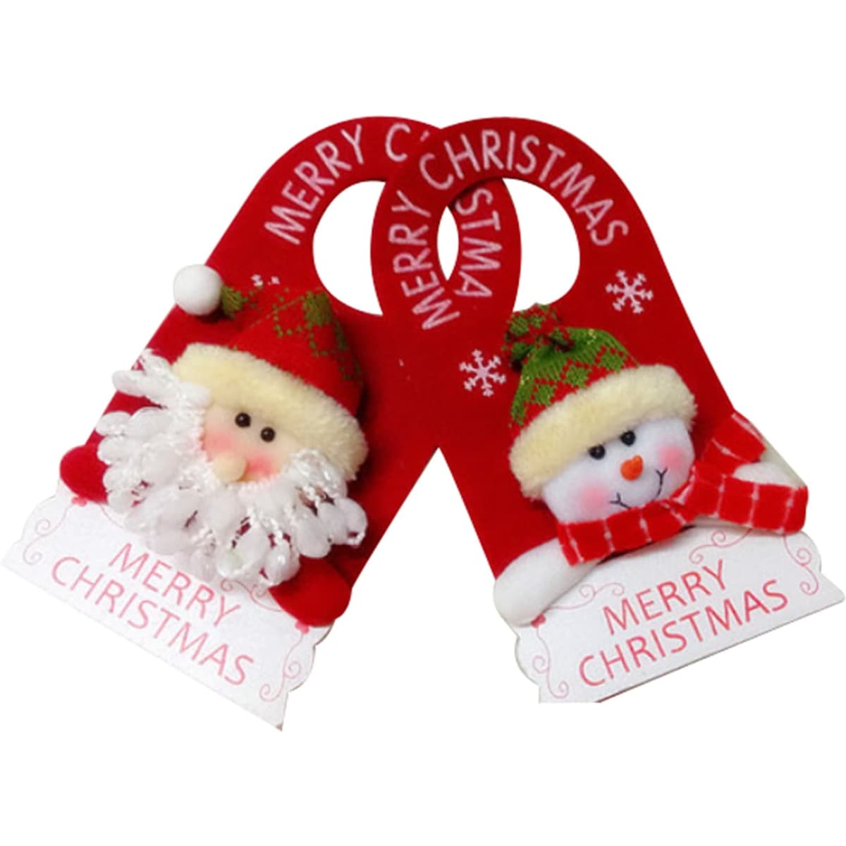 A Christmas holiday door hanger featuring a red design with Santa and a snowman, embellished with festive elements.
