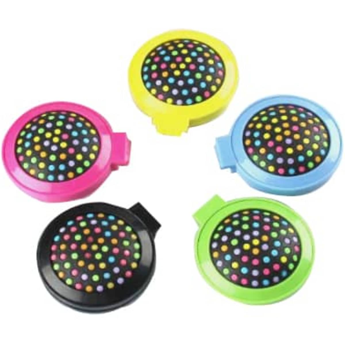 A set of five portable folding hair brushes with mirrors in pink, yellow, blue, black, and green, each featuring a polka dot design.