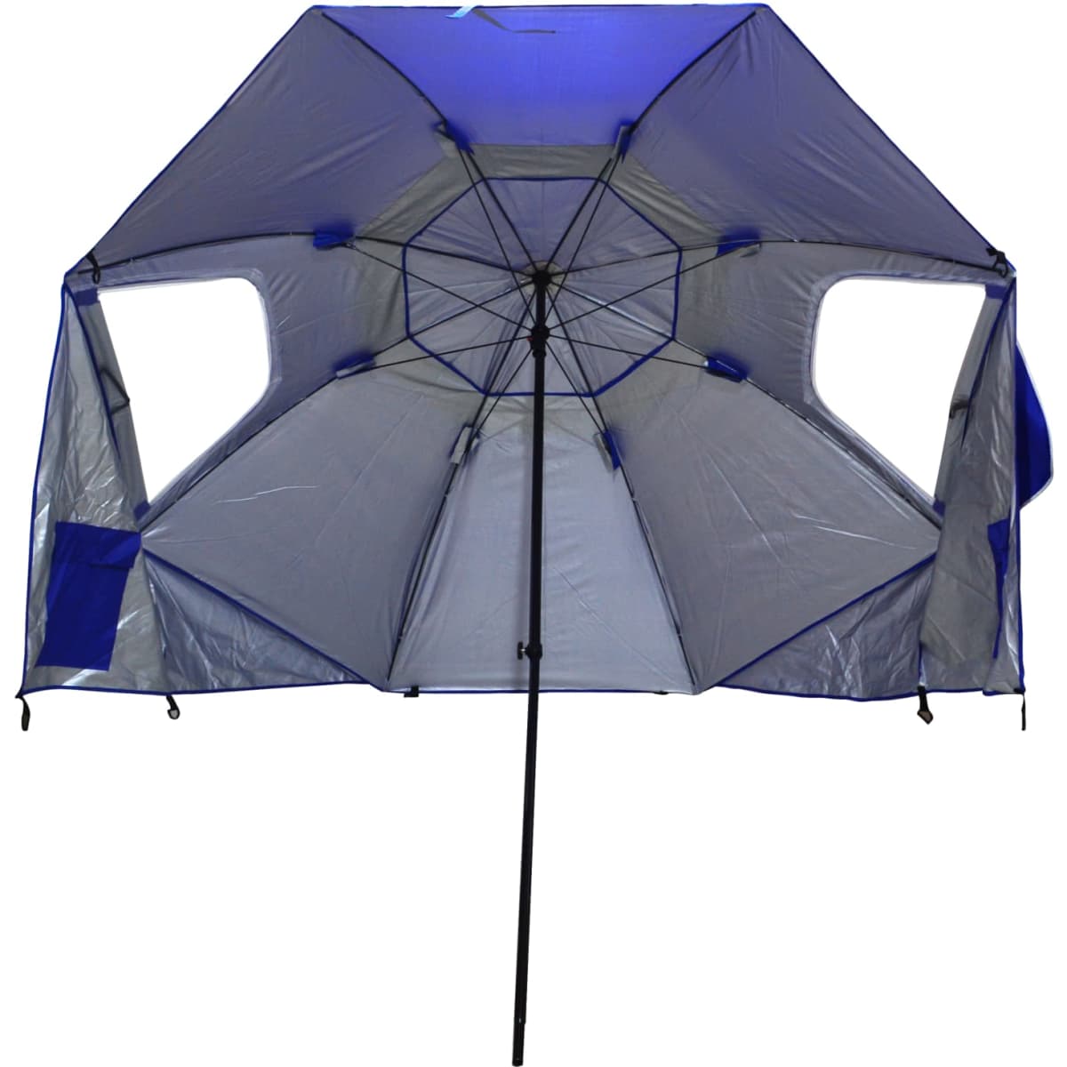 A portable umbrella features a blue and grey design, designed for all-weather protection with side flaps for added coverage.