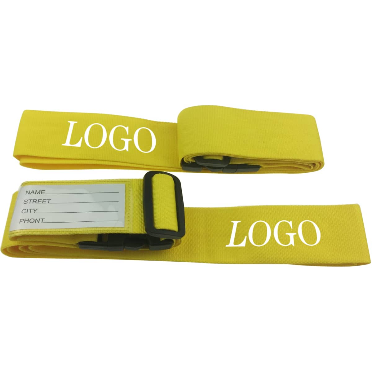 Yellow luggage straps with a clip and space for personal information, featuring a logo.